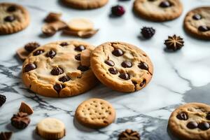 chocolate chip cookies on a marble counter. AI-Generated photo