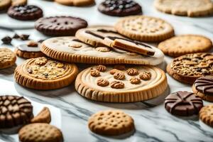 a variety of cookies and biscuits on a marble surface. AI-Generated photo