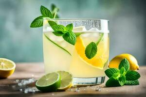 lemonade with mint and lime on a wooden table. AI-Generated photo