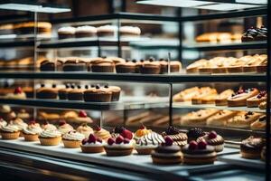 many different types of cakes are on display in a bakery. AI-Generated photo