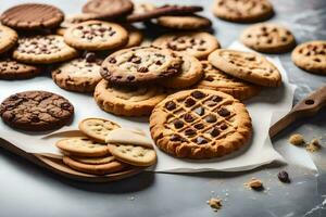 a variety of cookies and cookies on a cutting board. AI-Generated photo