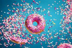 donuts flying in the air with sprinkles. AI-Generated photo