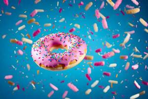 a donut with sprinkles and pink icing is flying in the air. AI-Generated photo