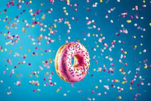 a donut with sprinkles on a blue background. AI-Generated photo