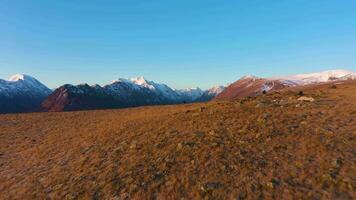 Photographers and Beltirdu Mountain Ridge. Green Hills, Lakes and River in Autumn at Sunrise. Aerial View. Kosh-Agachsky District, The Altai Mountains, Russia. Reveal Shot video