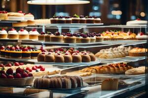 a display case filled with various types of pastries. AI-Generated photo