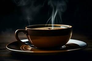 a cup of coffee on a dark background. AI-Generated photo