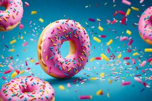 donuts with sprinkles on a blue background. AI-Generated photo