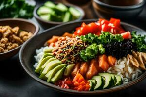 a bowl of sushi with rice, vegetables and other ingredients. AI-Generated photo