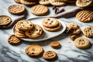 a plate of cookies and other cookies on a marble counter. AI-Generated photo