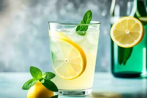 un vaso de limonada con menta hojas y un botella de agua. generado por ai foto