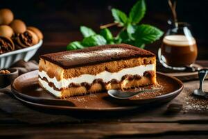 a slice of tiramisu on a plate with chocolate and coffee. AI-Generated photo