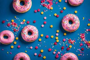 pink donuts on a blue background. AI-Generated photo