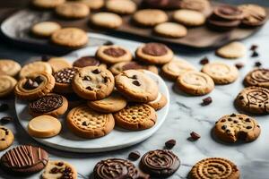 un plato de galletas en un mármol encimera. generado por ai foto