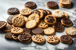 a pile of cookies and chocolate chips. AI-Generated photo