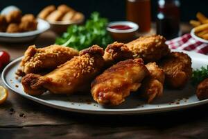 chicken wings on a plate with fries and sauce. AI-Generated photo