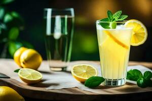 a glass of lemonade with mint leaves and lemons. AI-Generated photo