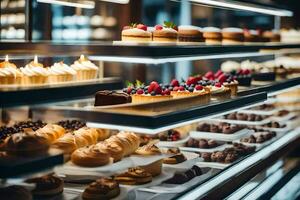 many different types of desserts are on display in a bakery. AI-Generated photo