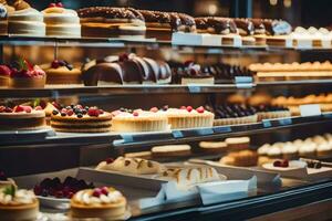 many different types of cakes are on display in a bakery. AI-Generated photo