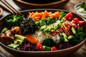 un cuenco de Sushi con arroz, vegetales y carne. generado por ai foto