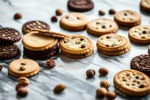 a variety of cookies and chocolate chips on a marble surface. AI-Generated photo