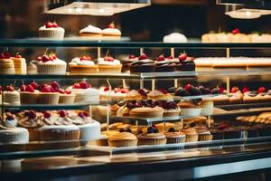 many different types of cakes are on display in a bakery. AI-Generated photo