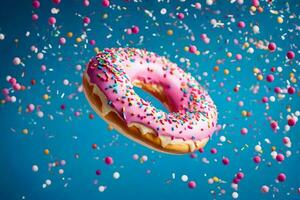 a donut with sprinkles flying in the air. AI-Generated photo