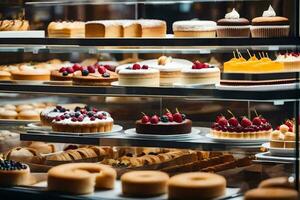 a display case filled with various types of pastries. AI-Generated photo