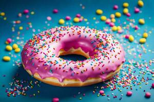 a pink donut with sprinkles on a blue background. AI-Generated photo