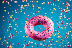 a donut with sprinkles and colorful confetti on a blue background. AI-Generated photo