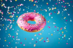 a pink doughnut with sprinkles on a blue background. AI-Generated photo