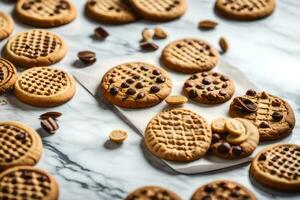 maní mantequilla galletas en un mármol encimera generado por ai foto