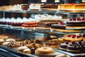 many different types of cakes are on display in a bakery. AI-Generated photo