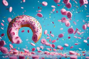 a donut with sprinkles and pink icing. AI-Generated photo