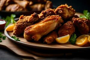 chicken wings on a plate with lemon wedges. AI-Generated photo