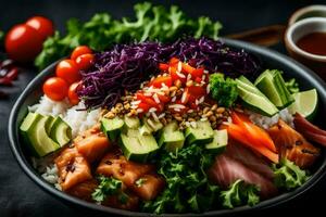 a bowl of sushi with vegetables, rice and vegetables. AI-Generated photo