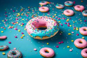 donuts with sprinkles on a blue background. AI-Generated photo