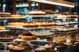 many different types of cakes are on display in a bakery. AI-Generated photo