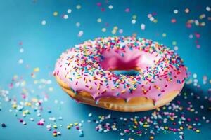 a pink doughnut with sprinkles on a blue background. AI-Generated photo