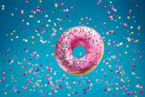 a donut with sprinkles on a blue background. AI-Generated photo