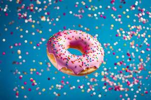 a donut with pink icing and sprinkles on a blue background. AI-Generated photo