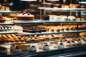 many different types of cakes are on display in a bakery. AI-Generated photo