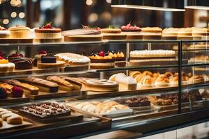 a bakery display case with many different types of pastries. AI-Generated photo