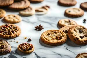 a variety of cookies on a marble counter. AI-Generated photo