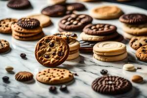 a variety of cookies and chocolate chips on a marble table. AI-Generated photo