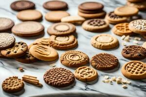 a variety of cookies and biscuits on a marble counter. AI-Generated photo