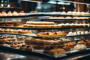 many different types of pastries are on display in a bakery. AI-Generated photo