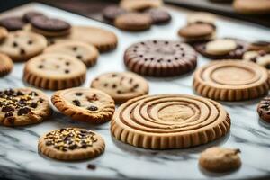 a variety of cookies on a marble tray. AI-Generated photo