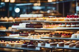 many different types of cakes are on display in a bakery. AI-Generated photo