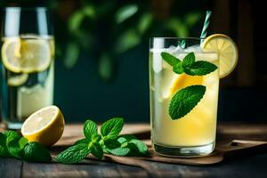 lemonade with mint leaves and lemons on a wooden table. AI-Generated photo